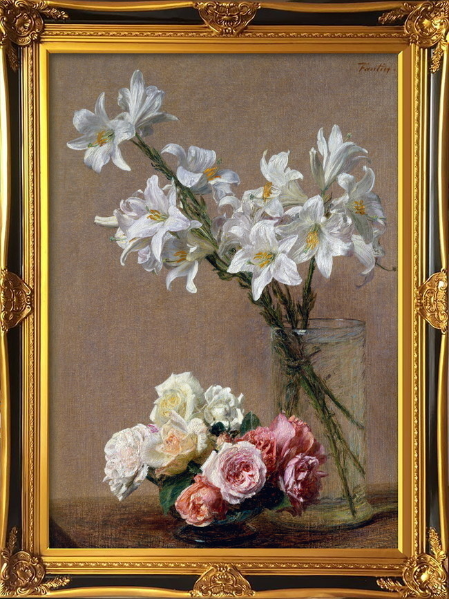 玫瑰百合花油畫裝飾畫