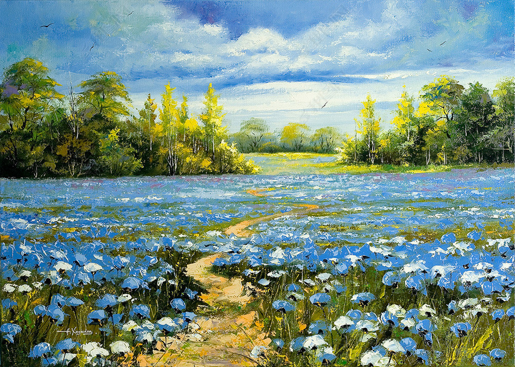 辦公室藍色花海風景油畫裝飾畫