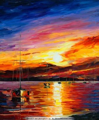 油畫 海岸落日圖片